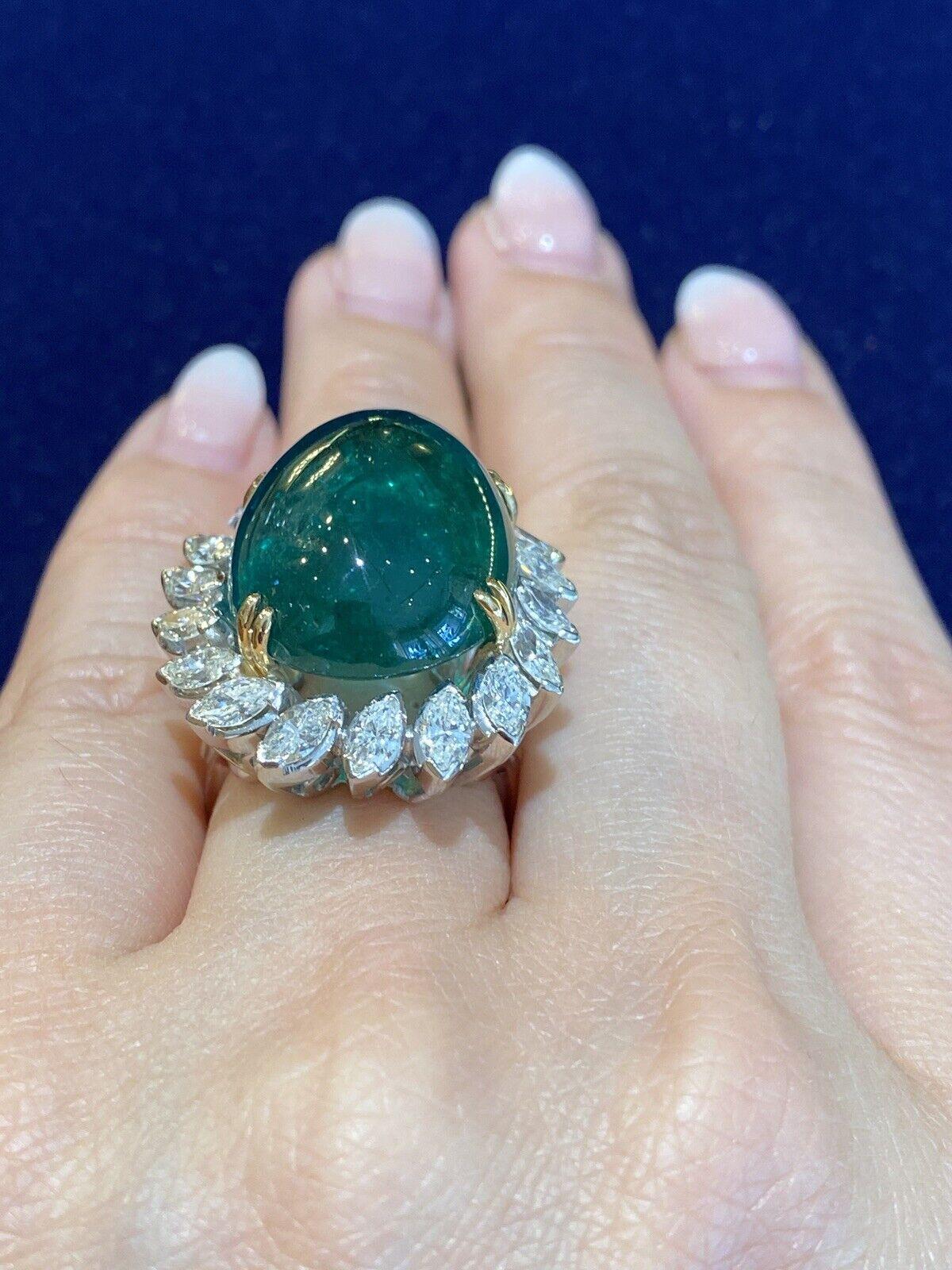 Women's or Men's GIA 29.20 Carat Natural Cabochon Emerald Ring with Marquise Diamonds in Platinum For Sale