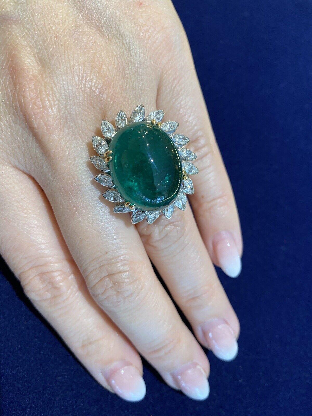 GIA 29.20 Carat Natural Cabochon Emerald Ring with Marquise Diamonds in Platinum For Sale 1