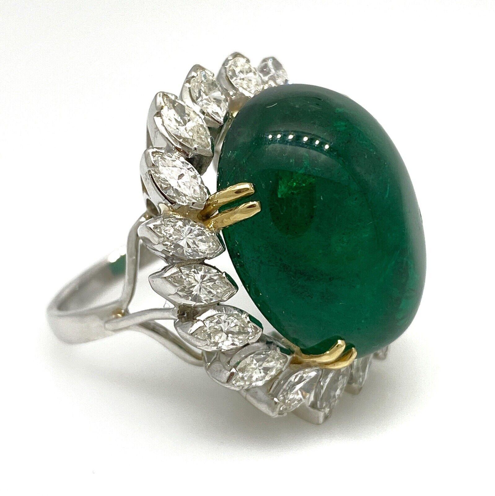 GIA 29.20 Carat Natural Cabochon Emerald Ring with Marquise Diamonds in Platinum For Sale 3