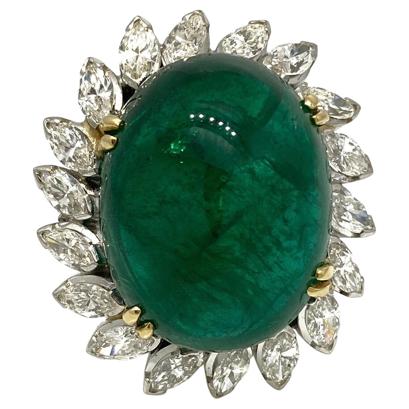 GIA 29.20 Carat Natural Cabochon Emerald Ring with Marquise Diamonds in Platinum For Sale