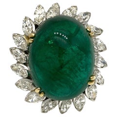 Vintage GIA 29.20 Carat Natural Cabochon Emerald Ring with Marquise Diamonds in Platinum