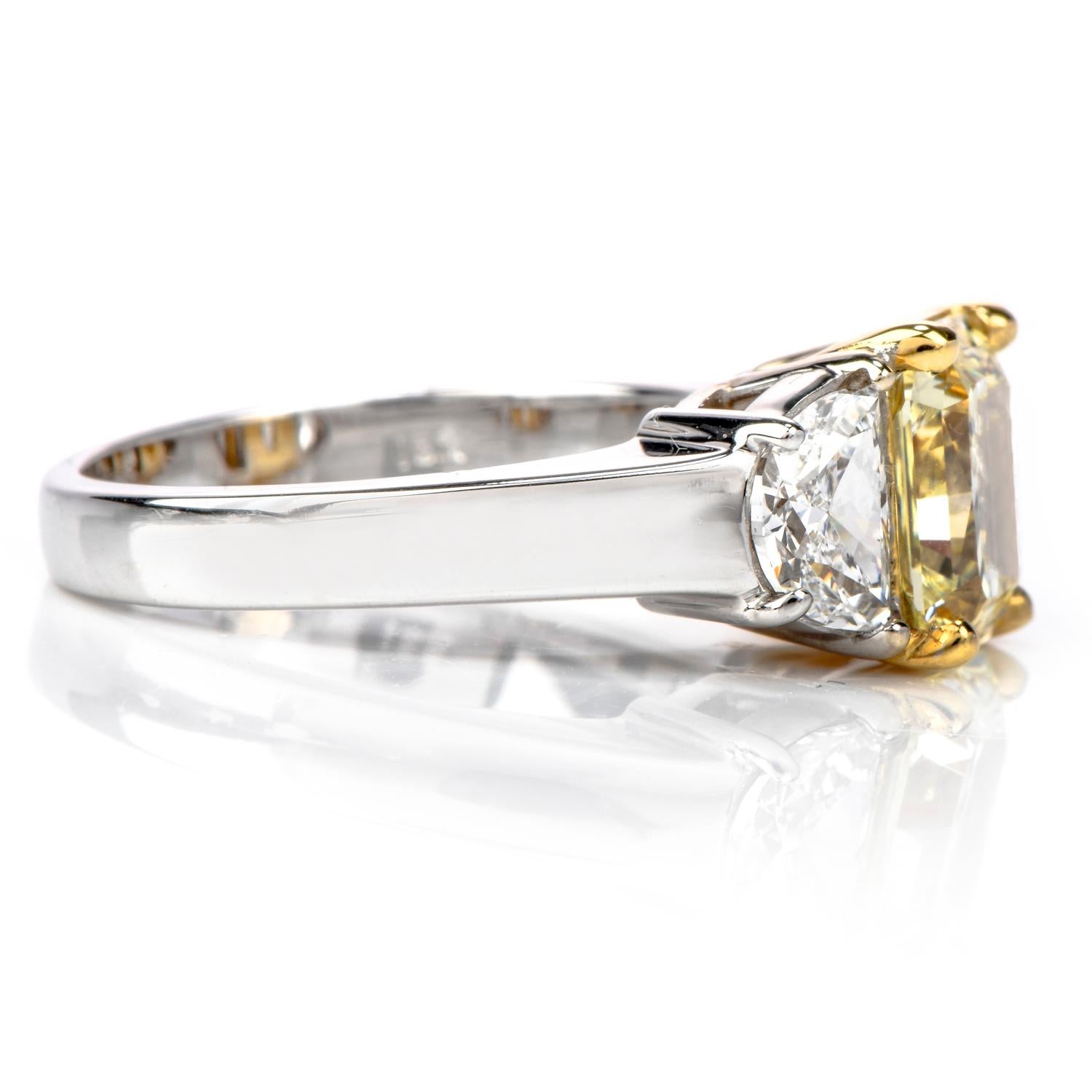 Modern GIA 2.94 Carat Fancy Light Yellow Diamond 18 Karat Gold Radiant Three-Stone Ring