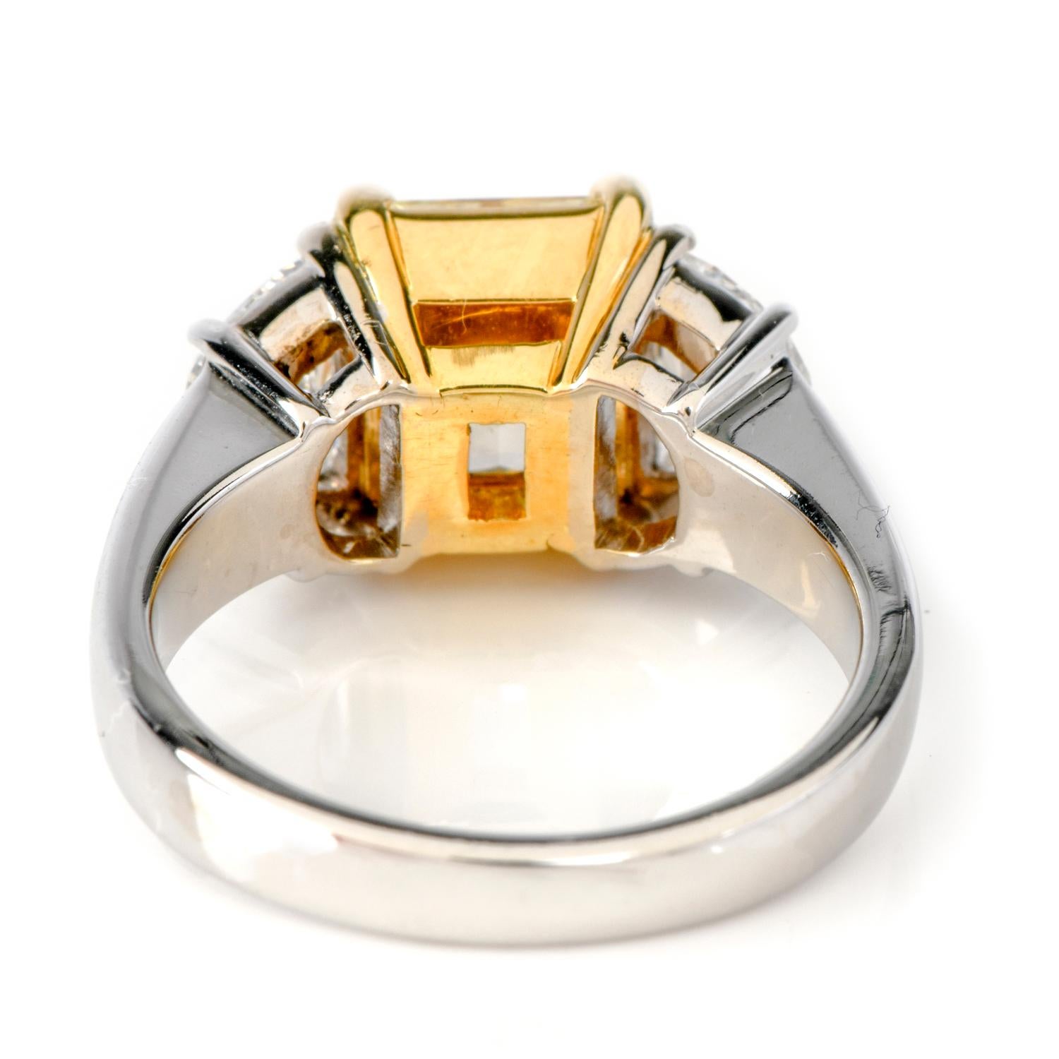 Radiant Cut GIA 2.94 Carat Fancy Light Yellow Diamond 18 Karat Gold Radiant Three-Stone Ring