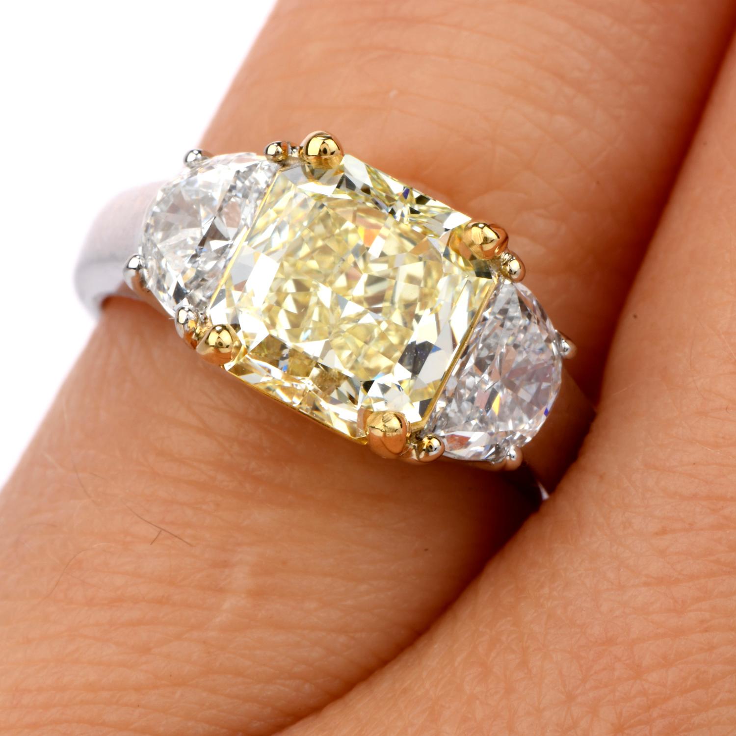 GIA 2.94 Carat Fancy Light Yellow Diamond 18 Karat Gold Radiant Three-Stone Ring In Excellent Condition In Miami, FL