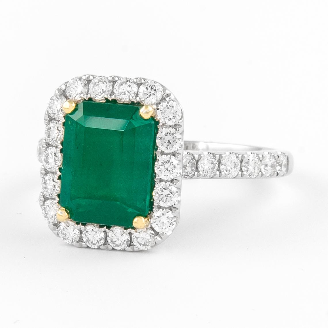 Emerald Cut GIA 2.94 Carat Emerald and Diamond Halo Ring 18k Gold