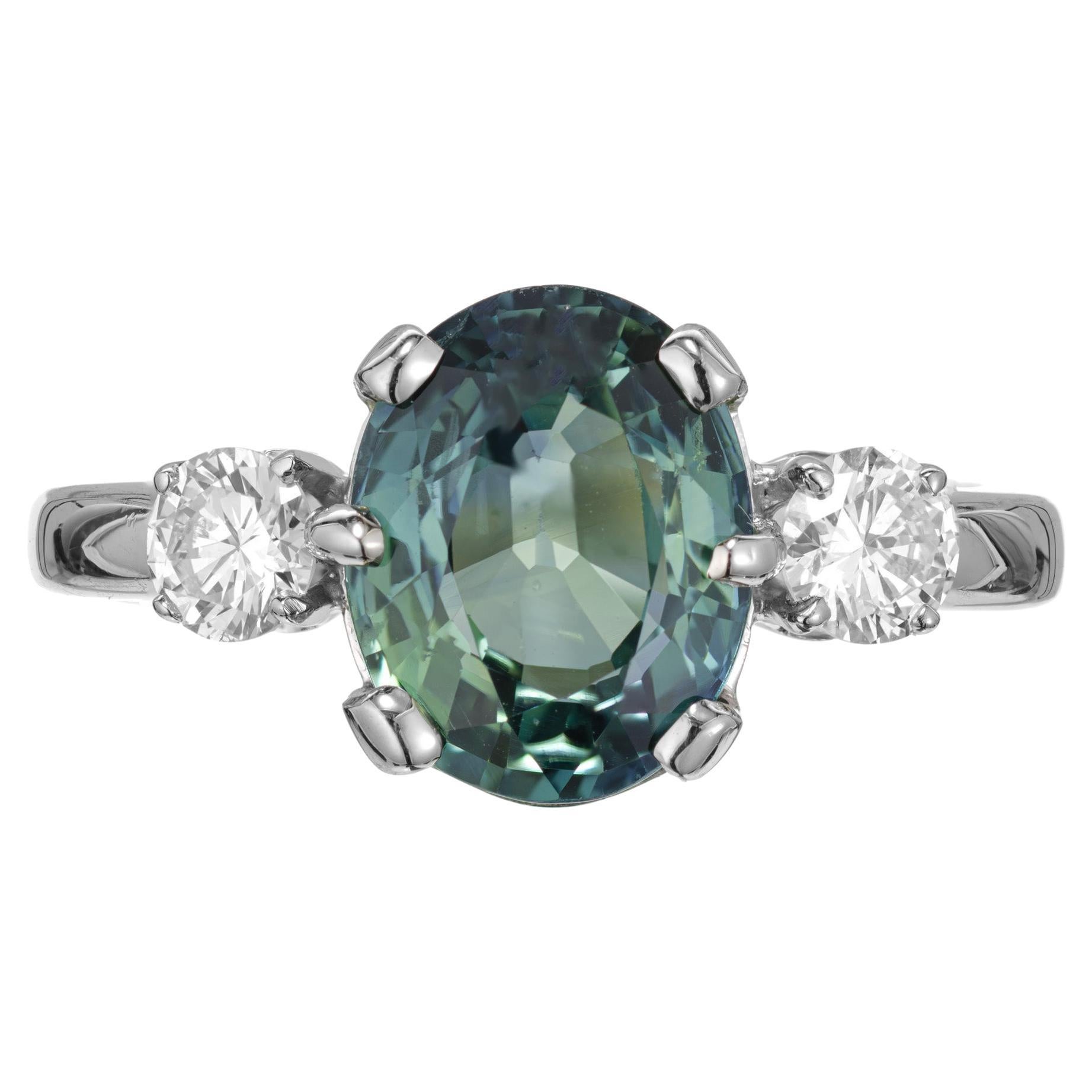 GIA 2.96 Blue Green Oval Natural Sapphire Diamond Gold Engagement Ring