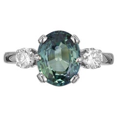 Verlobungsring, GIA 2,96 Blau Grüner ovaler natürlicher Saphir Diamant Gold