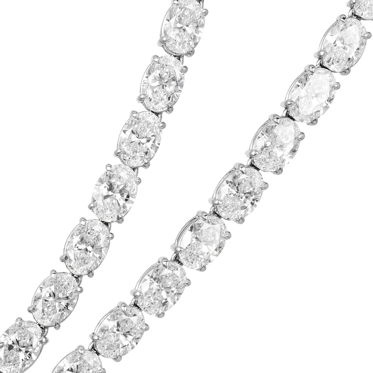 GIA 29.69 carats D-SI Diamond Platinum Oval Brilliant Cut Tennis Necklace For Sale 1