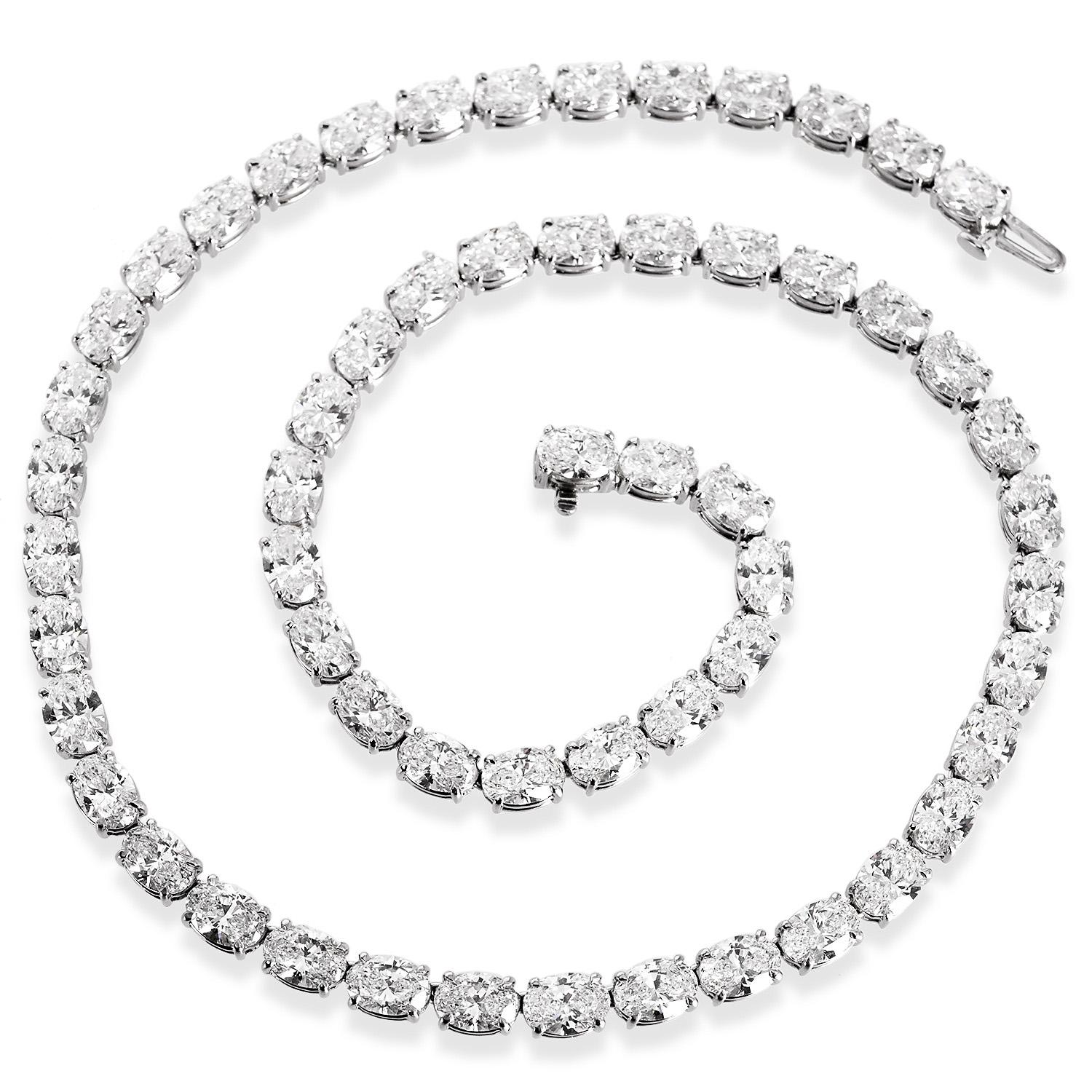 GIA 29.69 carats D-SI Diamond Platinum Oval Brilliant Cut Tennis Necklace For Sale 2