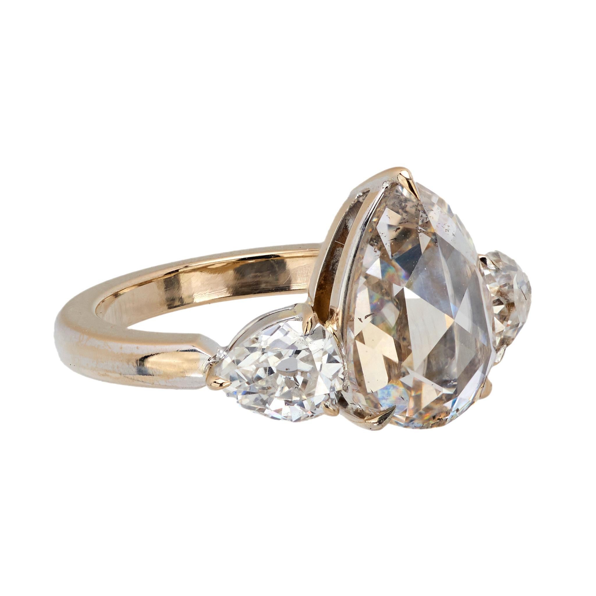 Pear Cut GIA 2.98 carat old cut diamond platinum three stone engagement ring For Sale