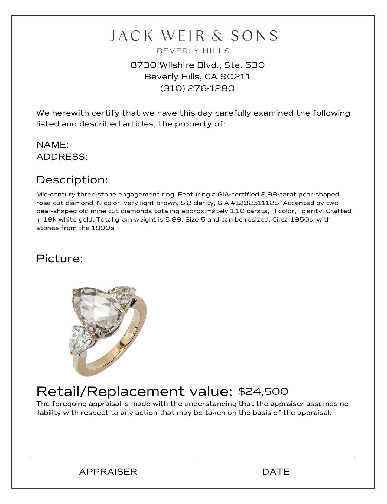 Women's or Men's GIA 2.98 carat old cut diamond platinum three stone engagement ring For Sale