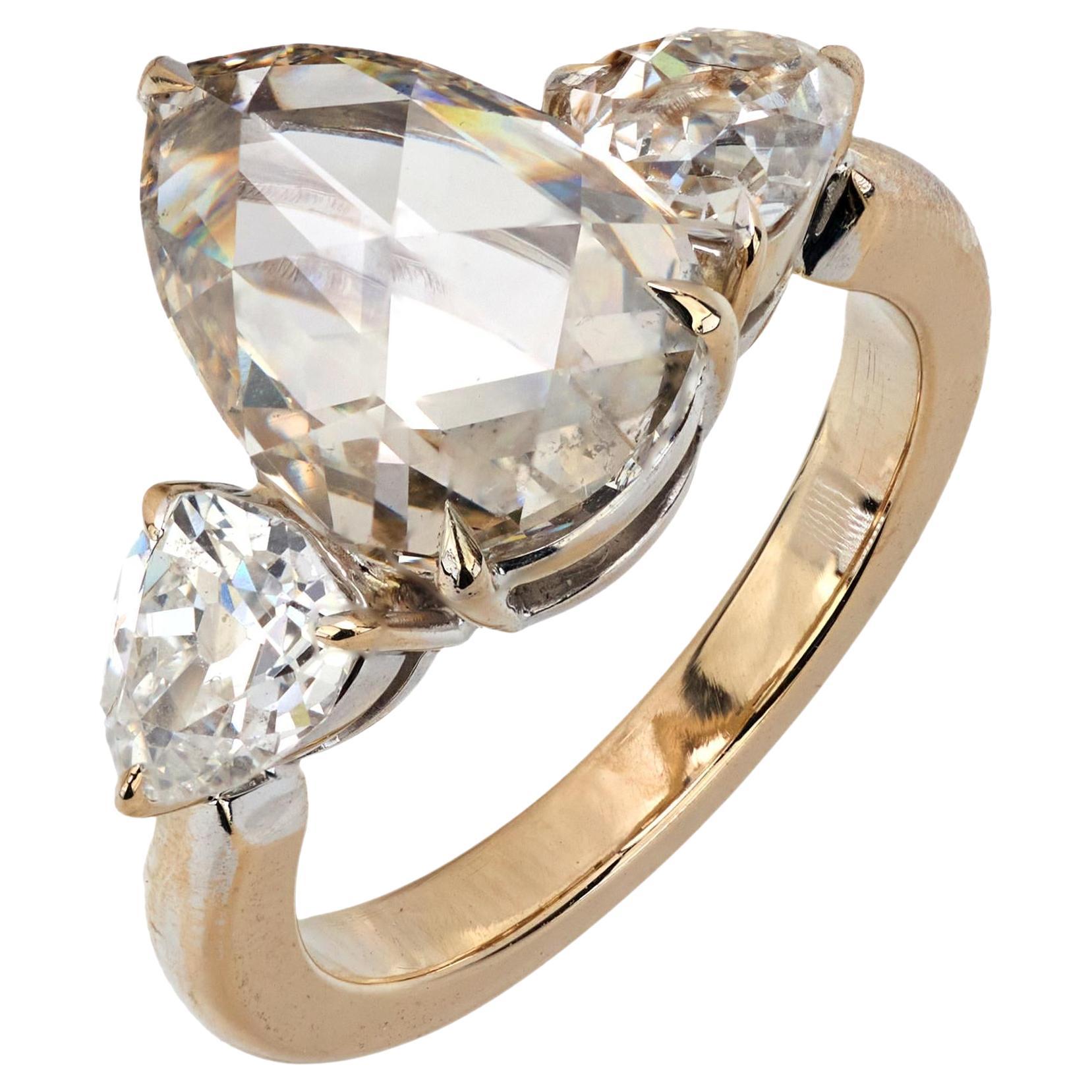 GIA 2.98 carat old cut diamond platinum three stone engagement ring For Sale