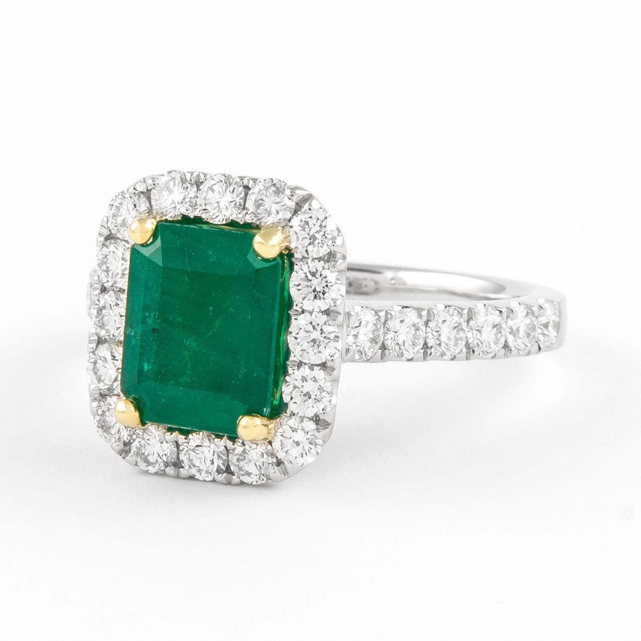 Emerald Cut GIA 2.98 Carat Emerald and Diamond Halo Ring 18k Gold For Sale