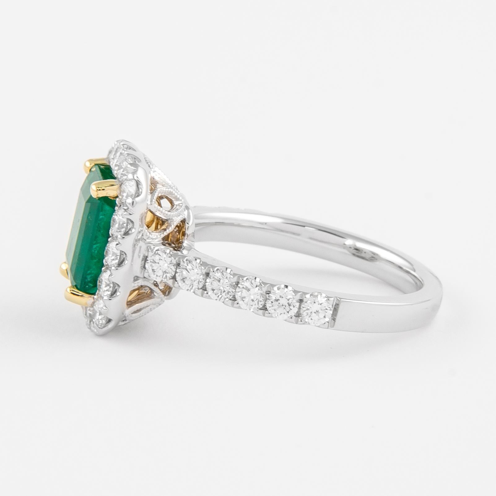 GIA 2.98 Carat Emerald and Diamond Halo Ring 18k Gold In New Condition For Sale In BEVERLY HILLS, CA