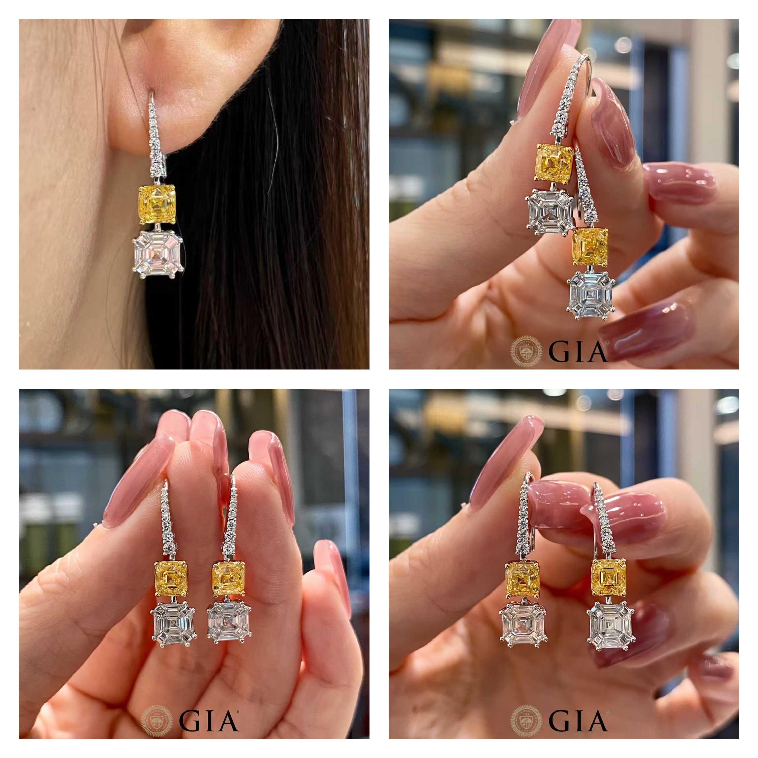 GIA 2ct Fancy Yellow Asscher Diamant-Tropfen-Ohrringe in 18k Weißgold Damen im Angebot