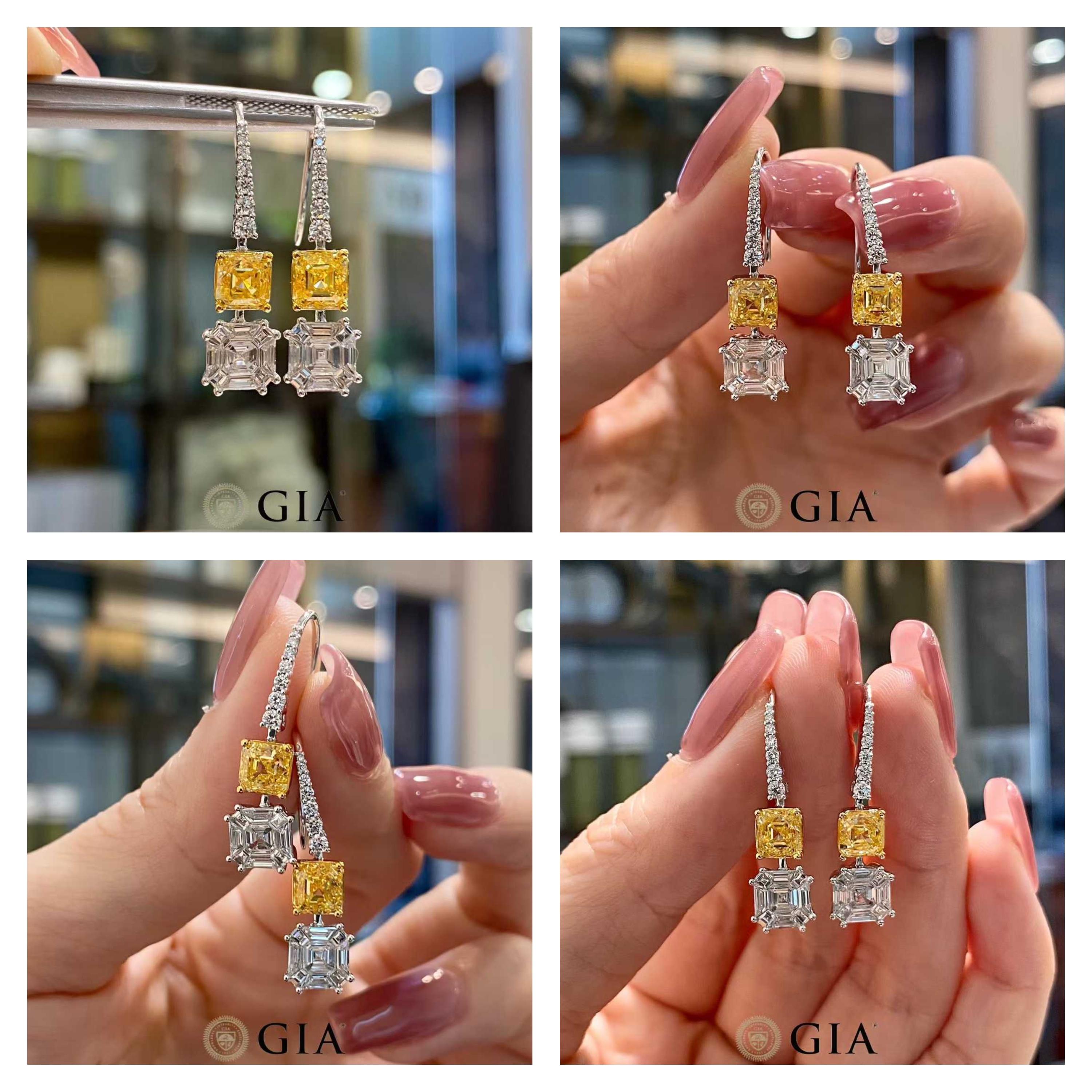GIA 2ct Fancy Yellow Asscher Diamant-Tropfen-Ohrringe in 18k Weißgold im Angebot 2