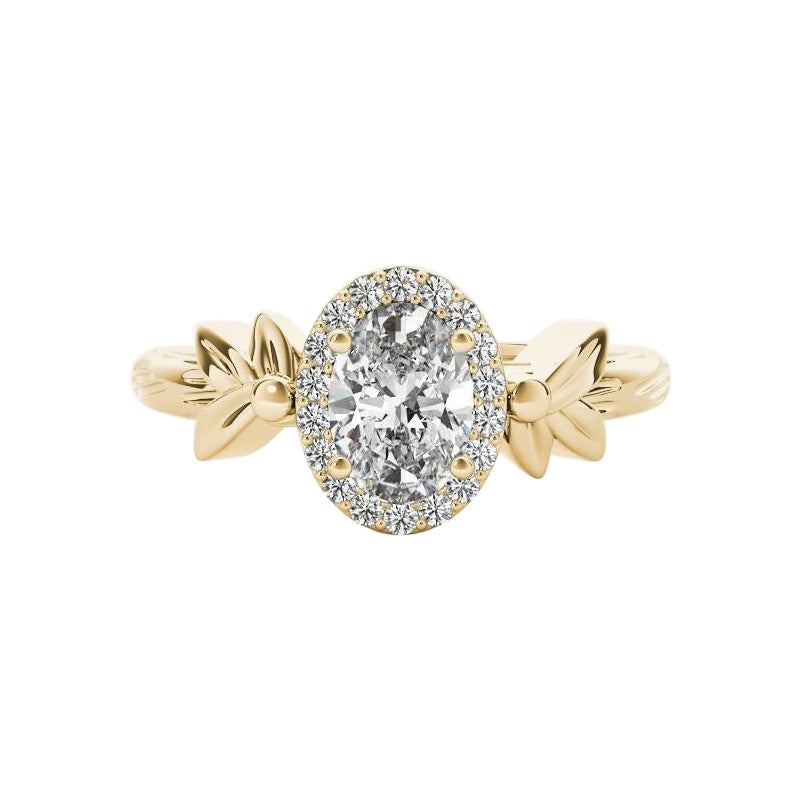 GIA 2ct Anello solitario ovale in oro giallo con diamanti tagliati a foglia di giardino