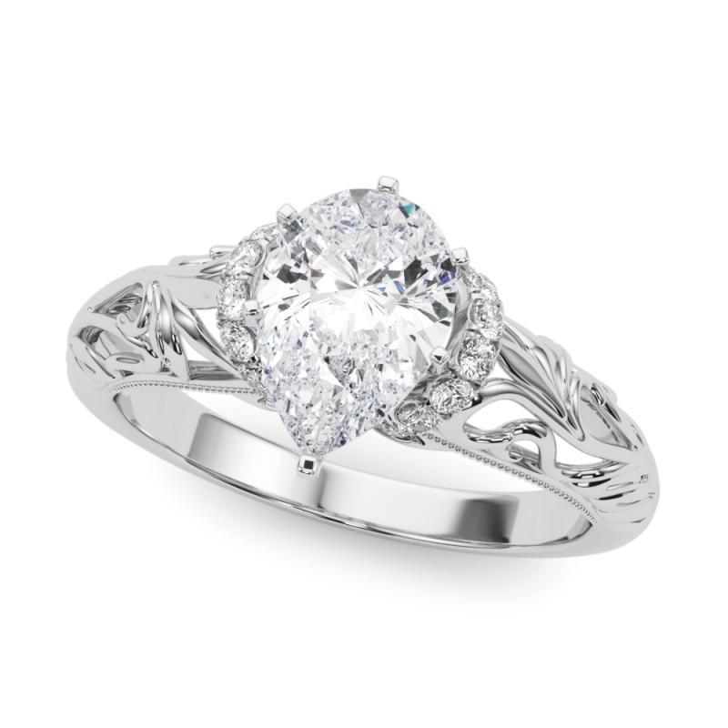 Taglio a goccia GIA 2ct Pear Chevron Halo Floral Filigree Anello con diamanti in oro bianco 18K in vendita