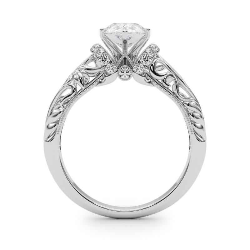 GIA 2ct Pear Chevron Halo Floral Filigree Anello con diamanti in oro bianco 18K In condizioni Nuovo in vendita a New York, NY
