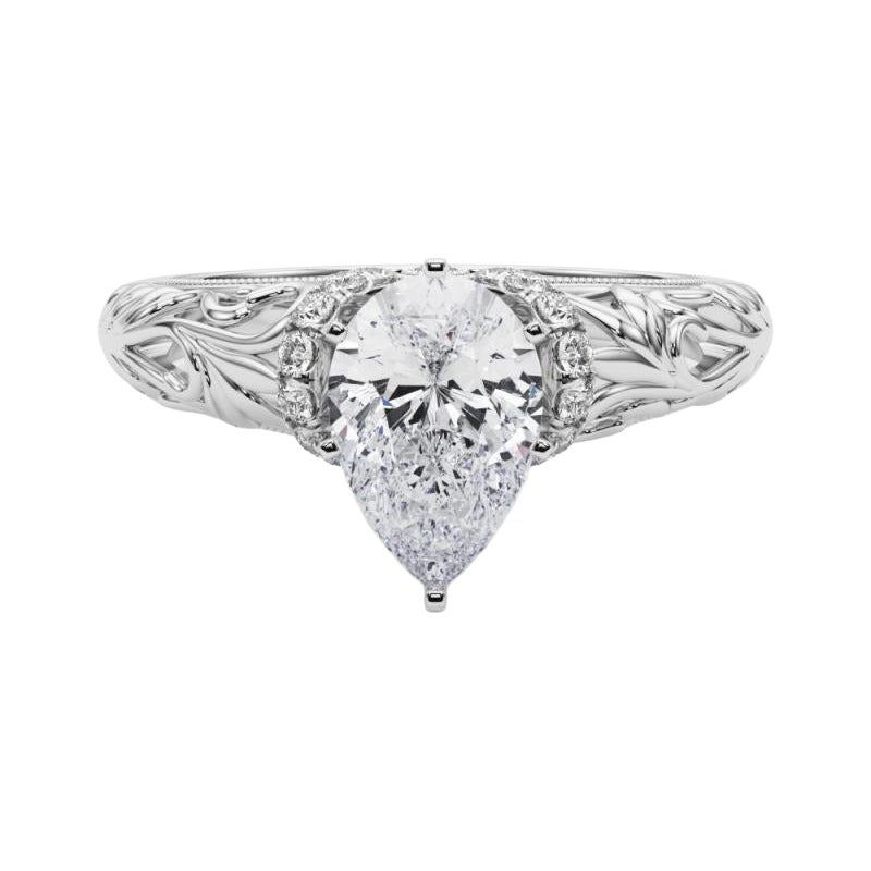 GIA 2ct Pear Chevron Halo Floral Filigree Anello con diamanti in oro bianco 18K