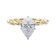 GIA 2ct Pear Micro Pave Twisted Braid Band 18K Yellow Gold Diamond Ring