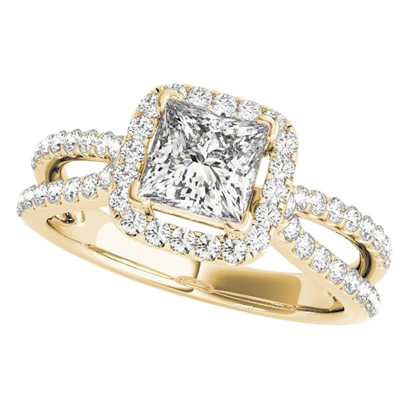 GIA 2ct Princess Solitaire Square Halo Split Shank Anello con diamanti in oro giallo