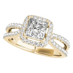 GIA 2ct Princess Solitaire Square Halo Split Shank Yellow Gold Diamond Ring