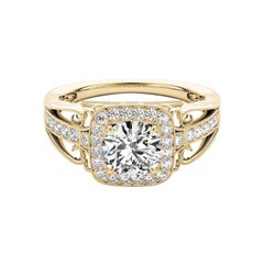 GIA 2ct Anello con diamante rotondo a fiore con cuscino a raggiera in oro giallo 18 carati