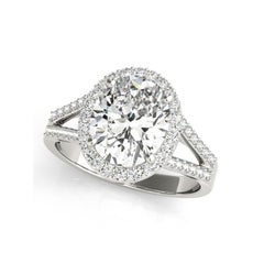 GIA 3 carat Oval Halo Openwork Basket Cathedral 18K White Gold Diamond Ring