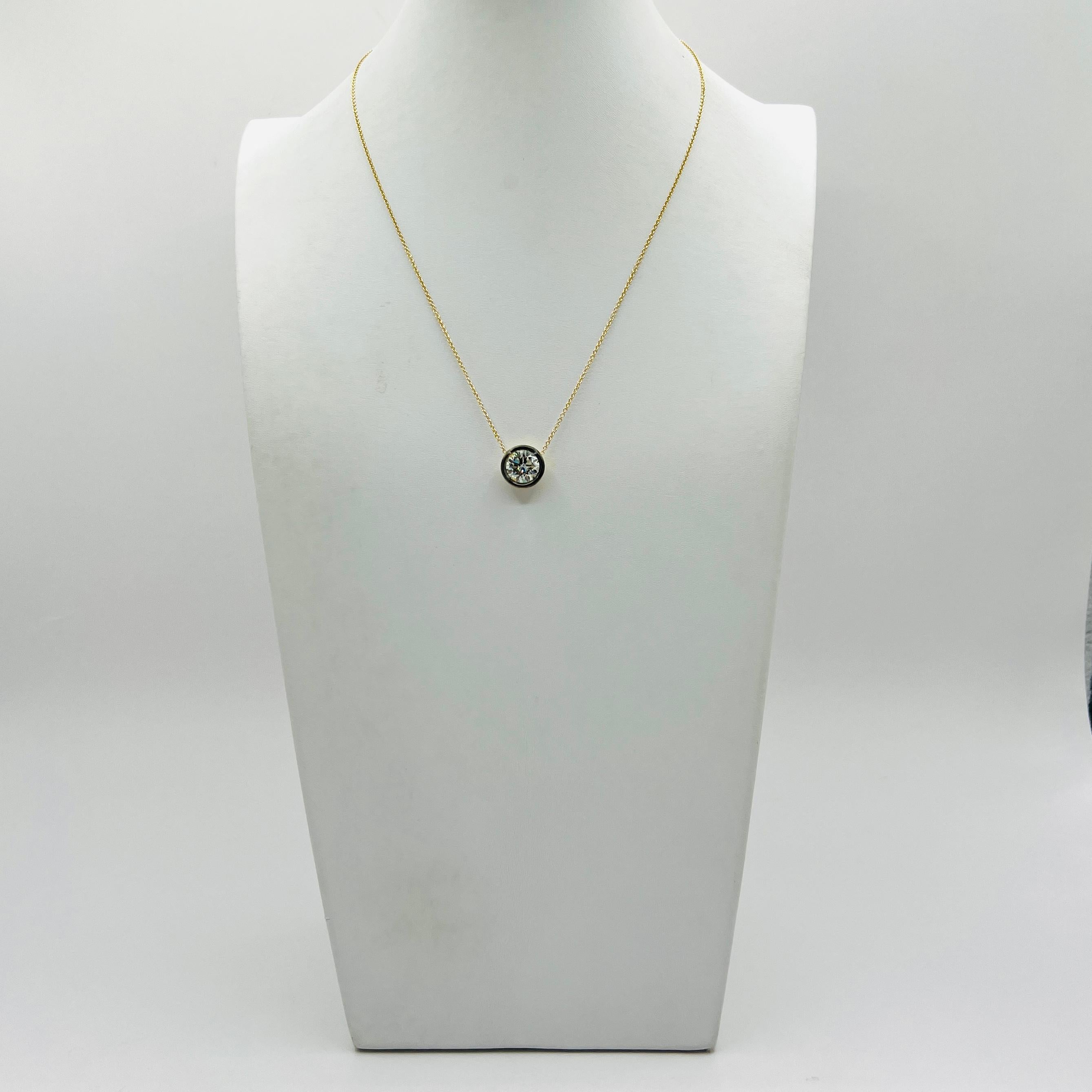 Women's or Men's GIA 3 Carat White Diamond Round Bezel Necklace in Black Rhodium & 18K Gold For Sale