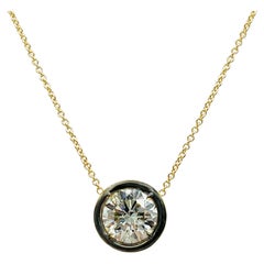 GIA 3 Carat White Diamond Round Bezel Necklace in Black Rhodium & 18K Gold