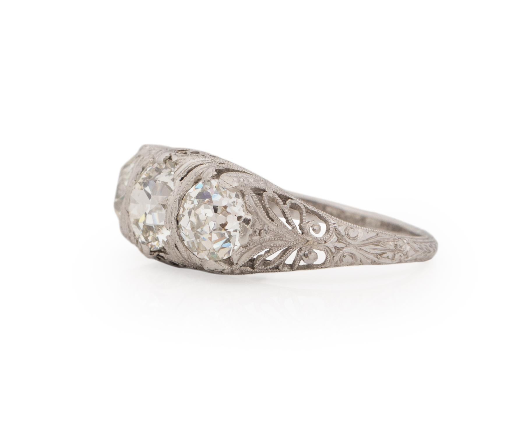 Old European Cut GIA 3 Stone 1.40 Carat Art Deco Diamond Platinum Engagement Ring For Sale