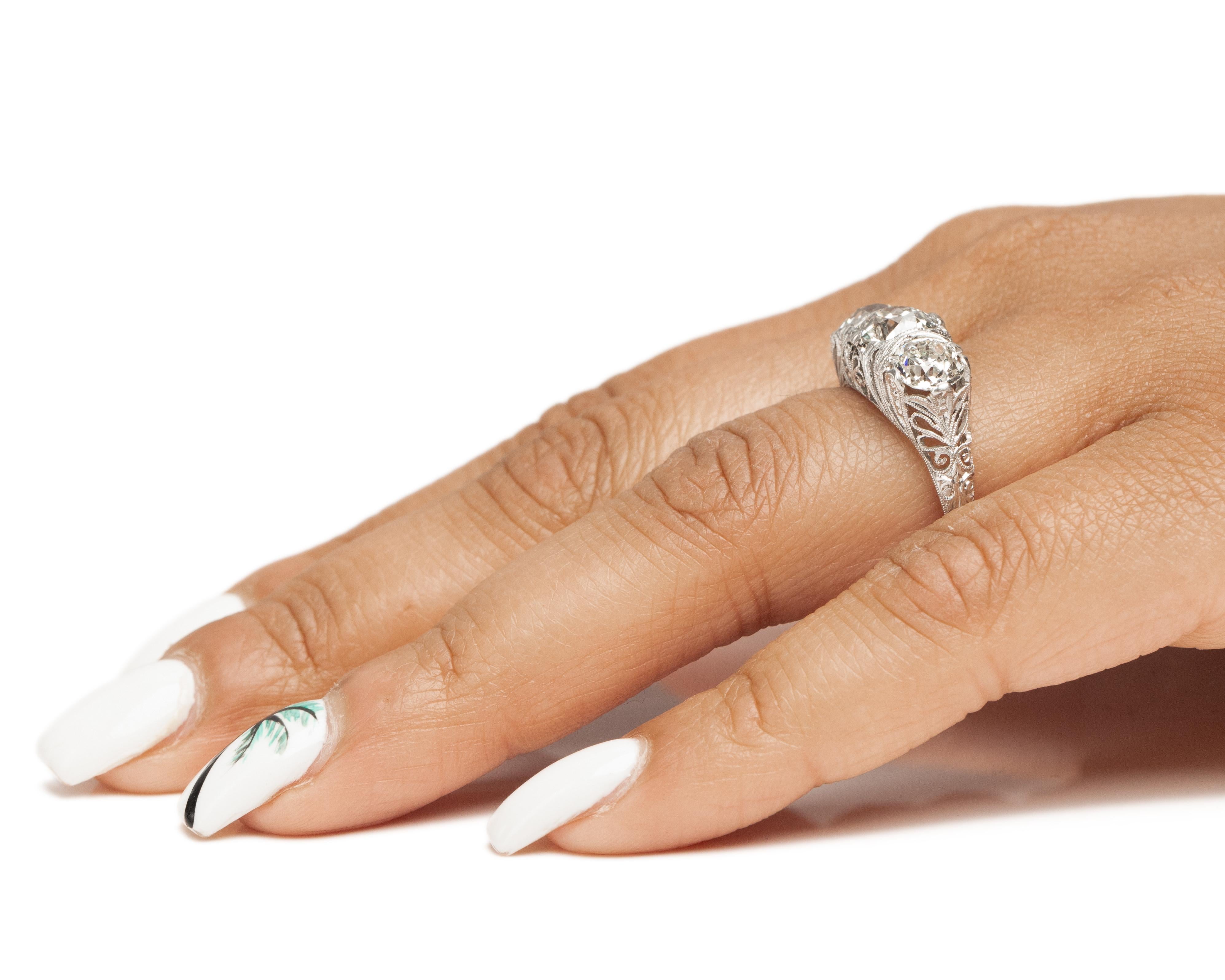 GIA 3 Stone 1.40 Carat Art Deco Diamond Platinum Engagement Ring For Sale 2