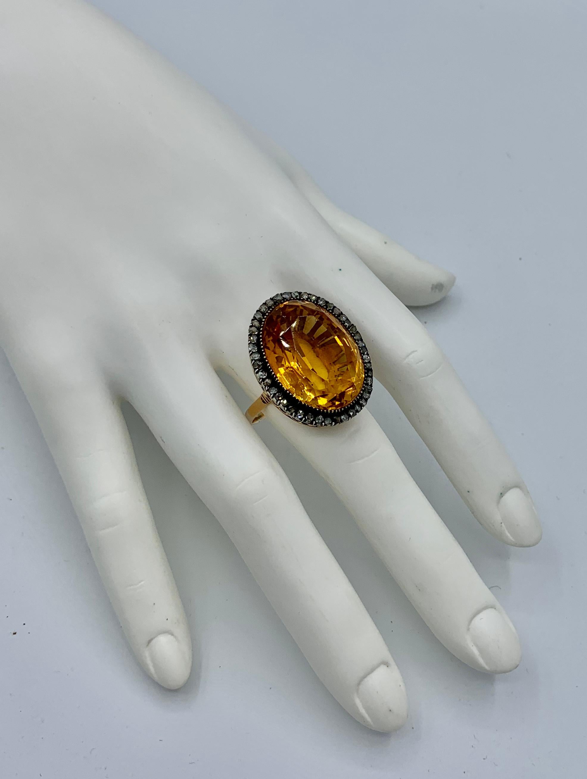 GIA 30 Carat Citrine Rose Diamond Halo Ring 14 Karat Gold Antique Belle Epoque For Sale 3