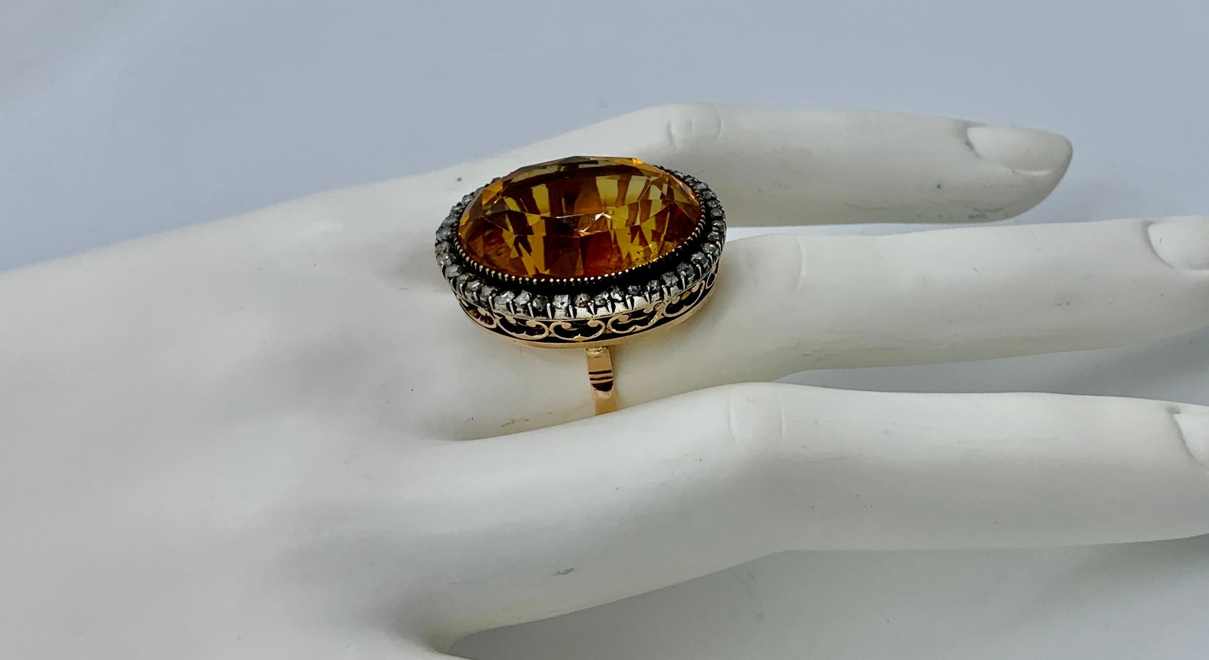 GIA 30 Carat Citrine Rose Diamond Halo Ring 14 Karat Gold Antique Belle Epoque For Sale 5