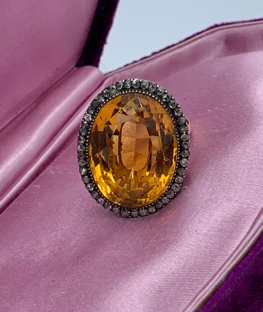 GIA 30 Carat Citrine Rose Diamond Halo Ring 14 Karat Gold Antique Belle Epoque For Sale 6