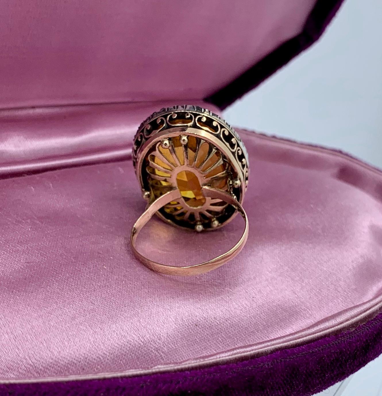 GIA 30 Carat Citrine Rose Diamond Halo Ring 14 Karat Gold Antique Belle Epoque For Sale 7