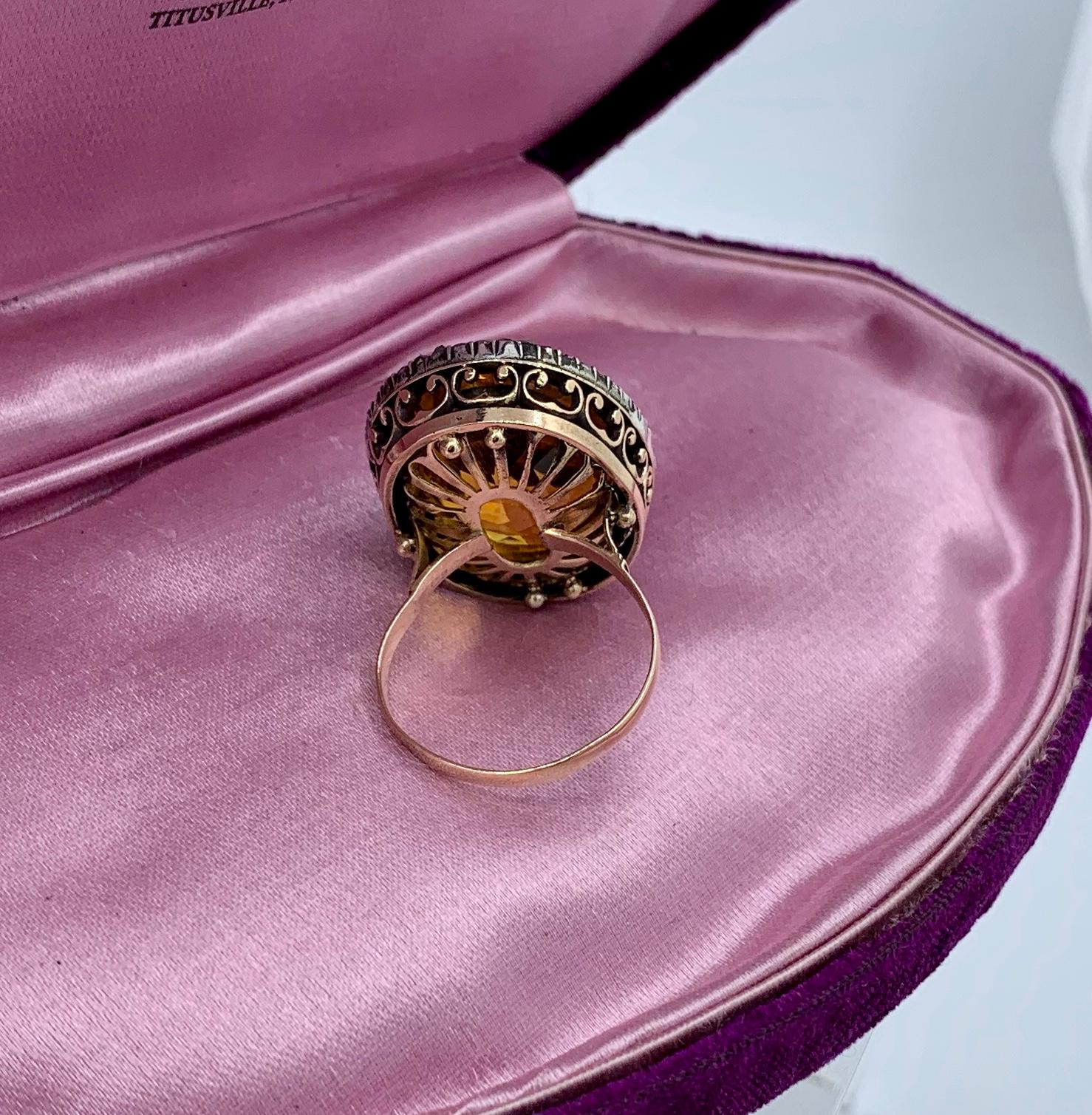 GIA 30 Carat Citrine Rose Diamond Halo Ring 14 Karat Gold Antique Belle Epoque For Sale 9