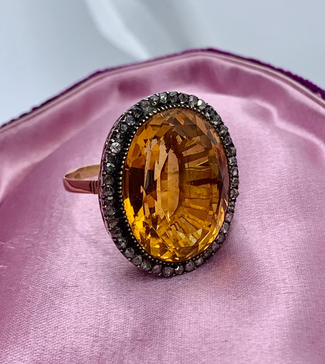 Belle Époque GIA 30 Carat Citrine Rose Diamond Halo Ring 14 Karat Gold Antique Belle Epoque For Sale