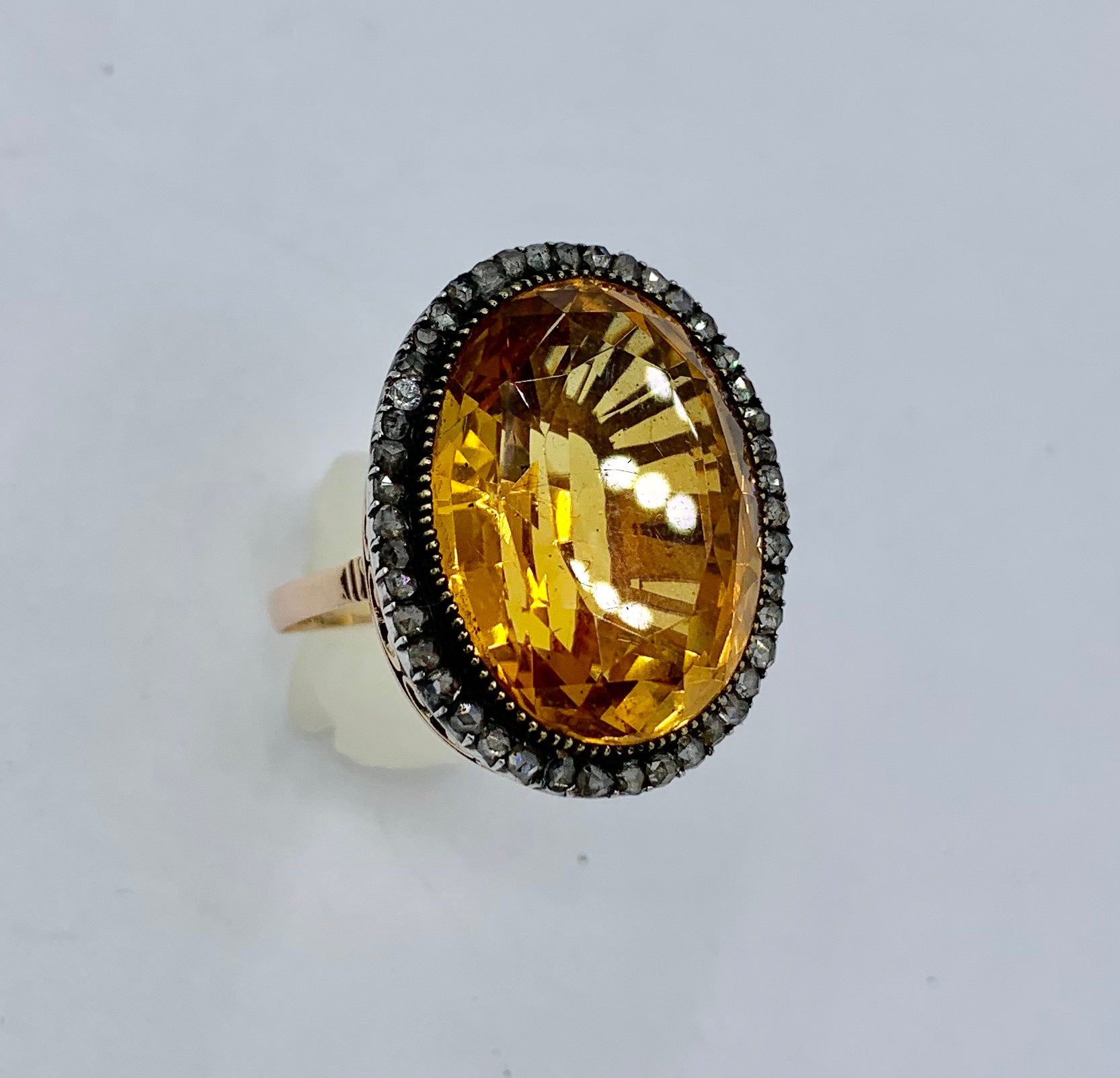 Oval Cut GIA 30 Carat Citrine Rose Diamond Halo Ring 14 Karat Gold Antique Belle Epoque For Sale