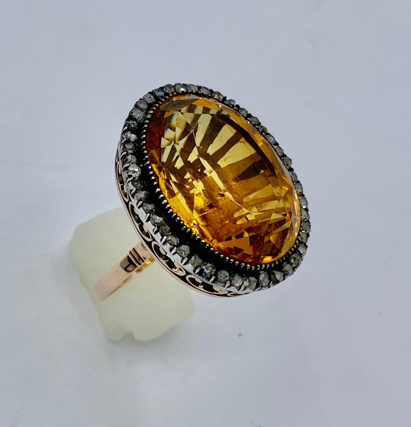 GIA 30 Carat Citrine Rose Diamond Halo Ring 14 Karat Gold Antique Belle Epoque In Excellent Condition For Sale In New York, NY