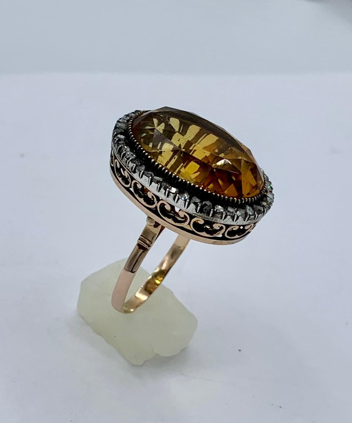 Women's GIA 30 Carat Citrine Rose Diamond Halo Ring 14 Karat Gold Antique Belle Epoque For Sale