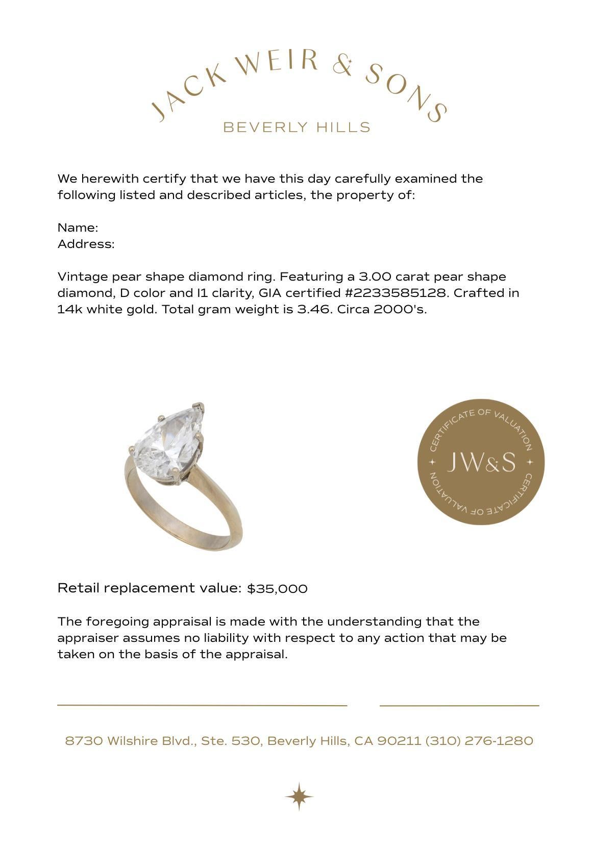 GIA Bague de fiançailles solitaire en or blanc 14k avec diamant poire de 3,00 carats 1
