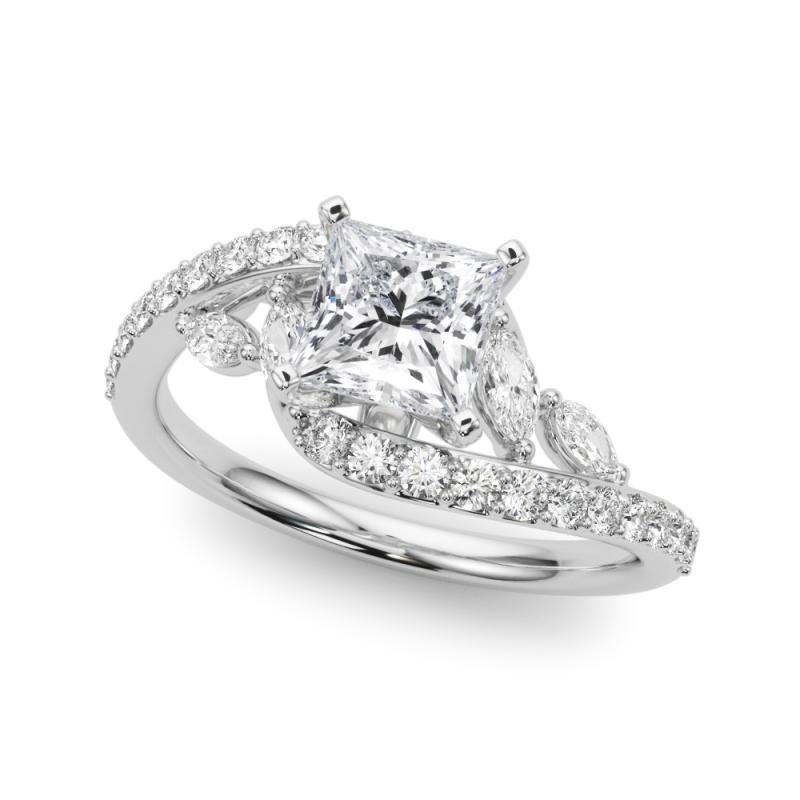 Princess Cut GIA 3.00 Carat Princess Curved Bypass Leaf & Vine 18K White Gold Diamond Ring For Sale