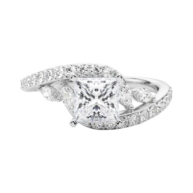 GIA 3.00 Carat Princess Curved Bypass Leaf & Vine 18K White Gold Diamond Ring For Sale