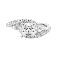 GIA 3.00 Carat Princess Curved Bypass Leaf & Vine 18K White Gold Diamond Ring