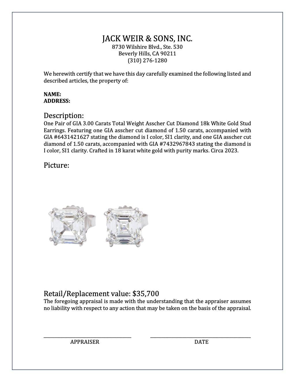 GIA 3.00 Carats Total Weight Asscher Cut Diamond 18k White Gold Stud Earrings 4