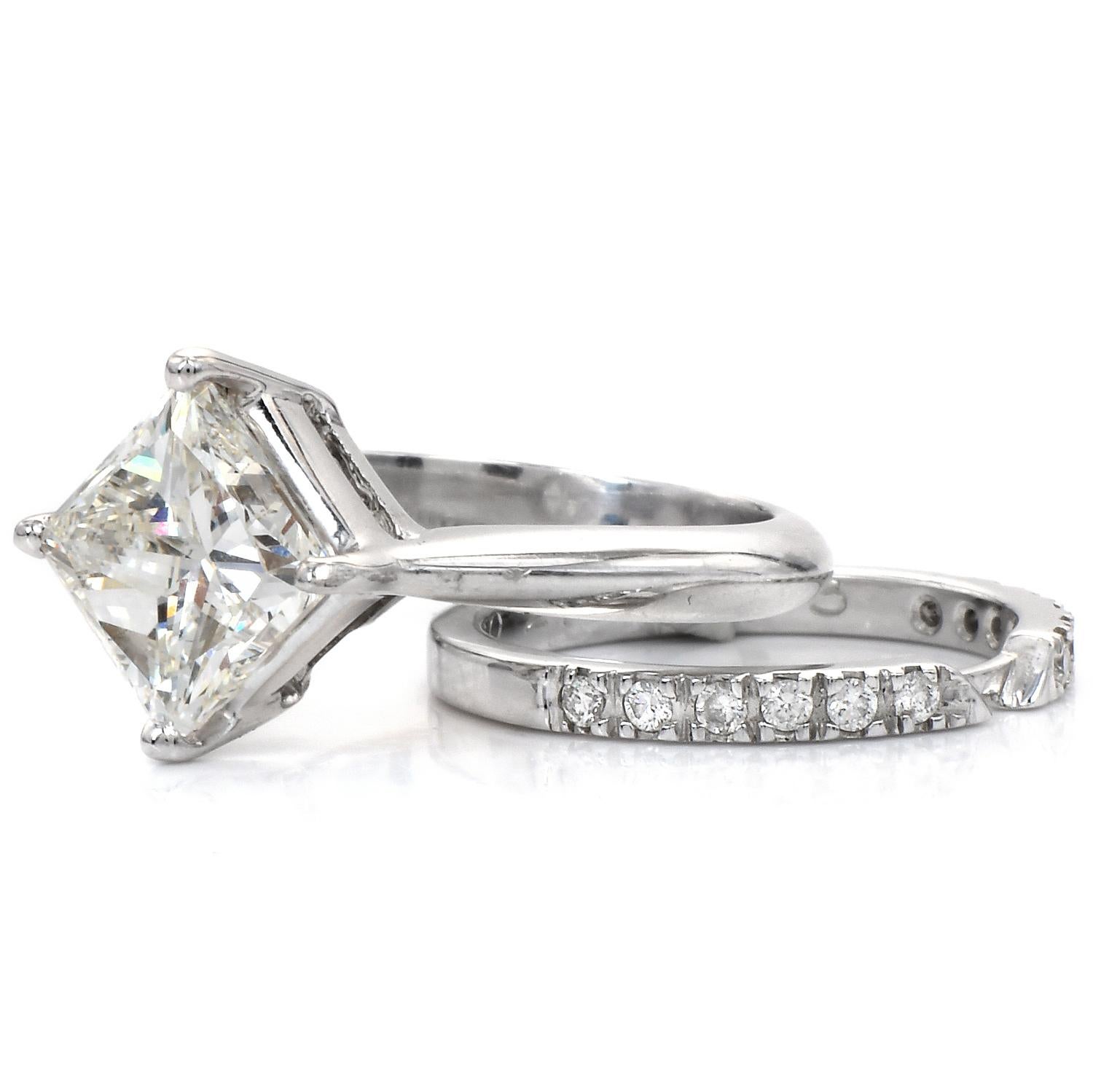 GIA 3.00 Carat Princess Cut Diamond White Gold Solitaire Wedding Bridal Set Ring 1