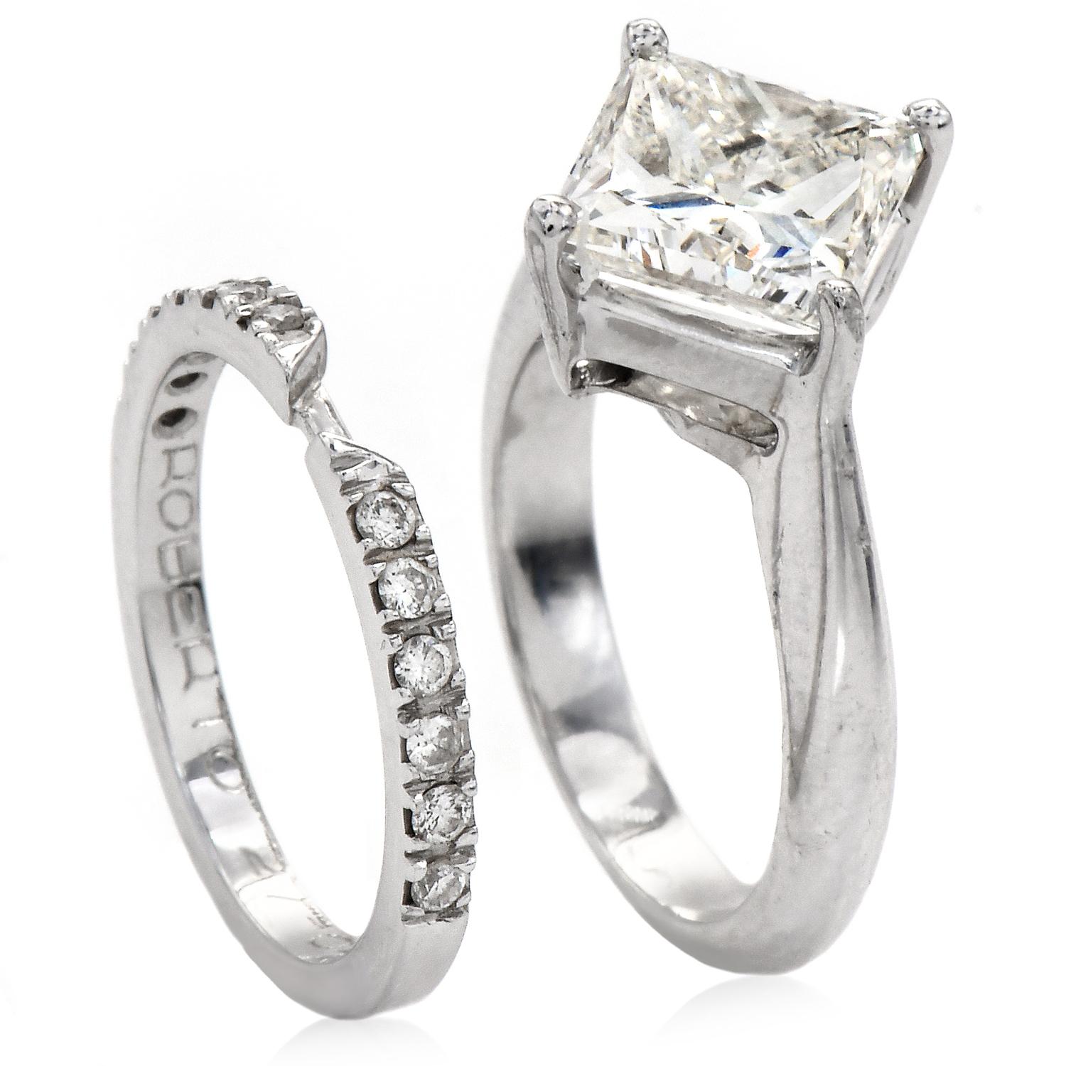 GIA 3.00 Carat Princess Cut Diamond White Gold Solitaire Wedding Bridal Set Ring 2