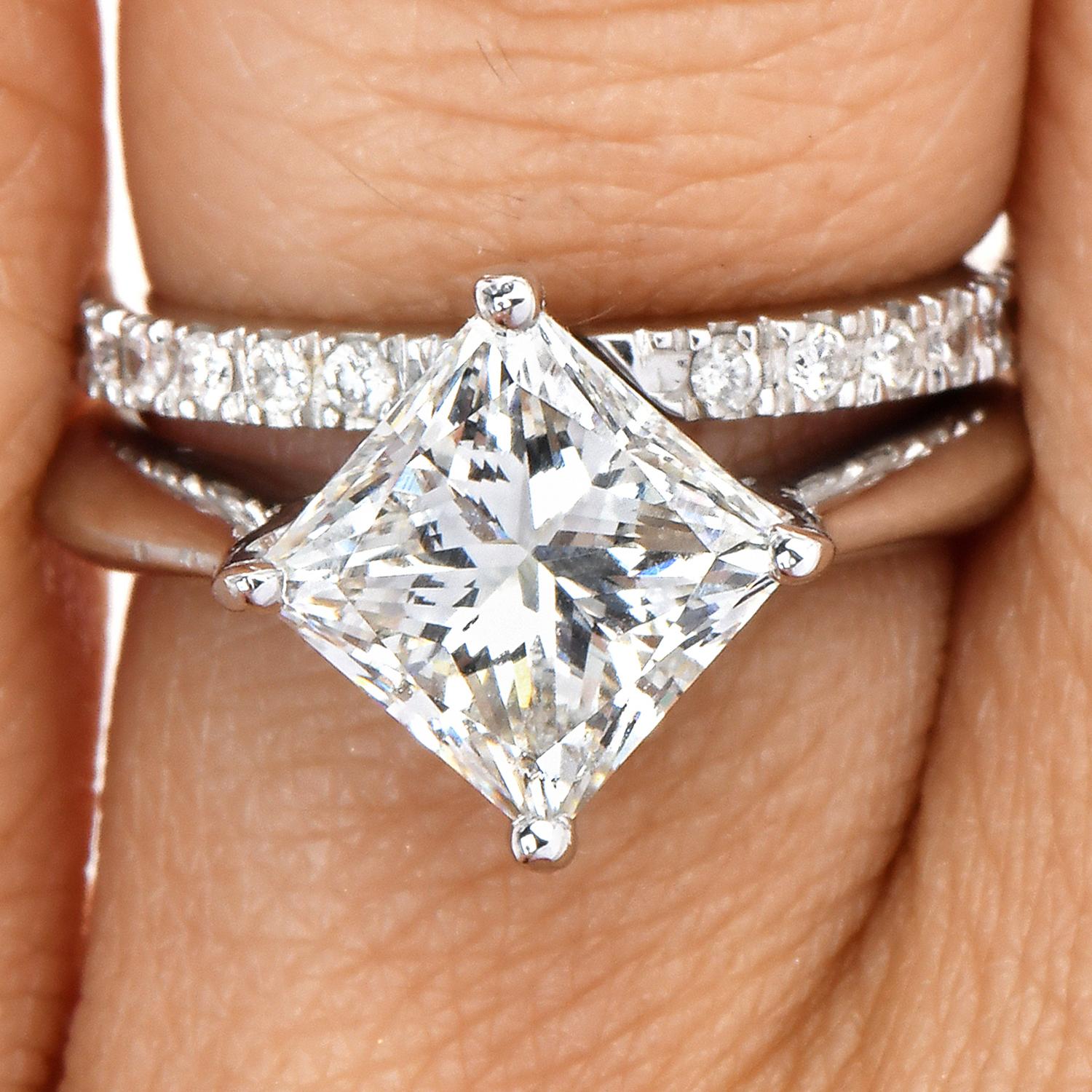 GIA 3.00 Carat Princess Cut Diamond White Gold Solitaire Wedding Bridal Set Ring 5